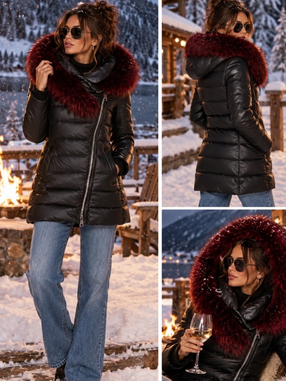 Nicole Benisti Black Duck Down Puffer Jacket with Burgundy Fur Trim size M